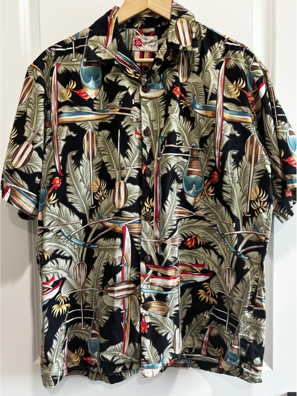 Vintage Hawaiian Originals Black Tropical Palm Paddle Surf Button Up Shirt XL